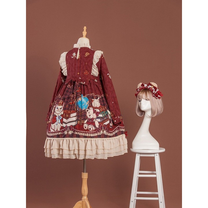 Robe one piece lolita « Crown Bear » bordeaux à manches longues