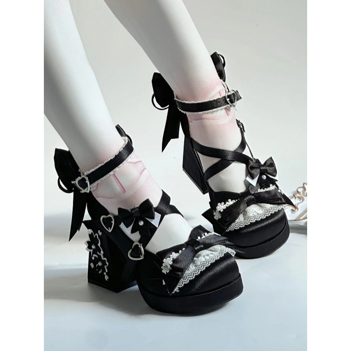 Mary Janes lolita « Sakura » à talon bloc – Noir