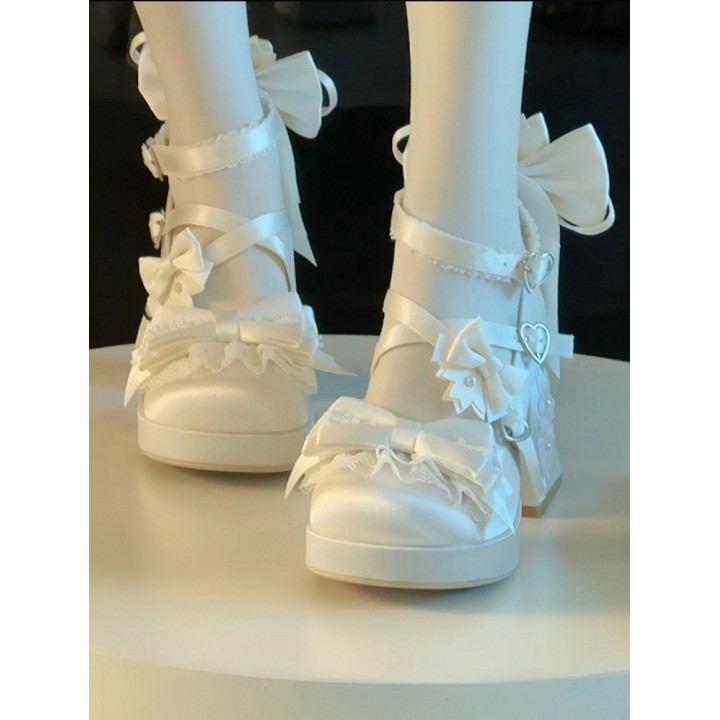 Mary Janes lolita « Sakura » à talon bloc – Blanc