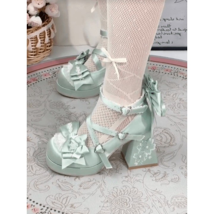 Mary Janes lolita « Sakura » à talon bloc – Vert