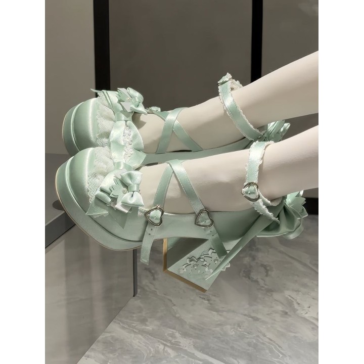 Mary Janes lolita « Sakura » à talon bloc – Vert