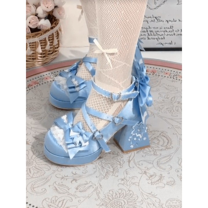 Mary Janes lolita « Sakura » à talon bloc – Bleu