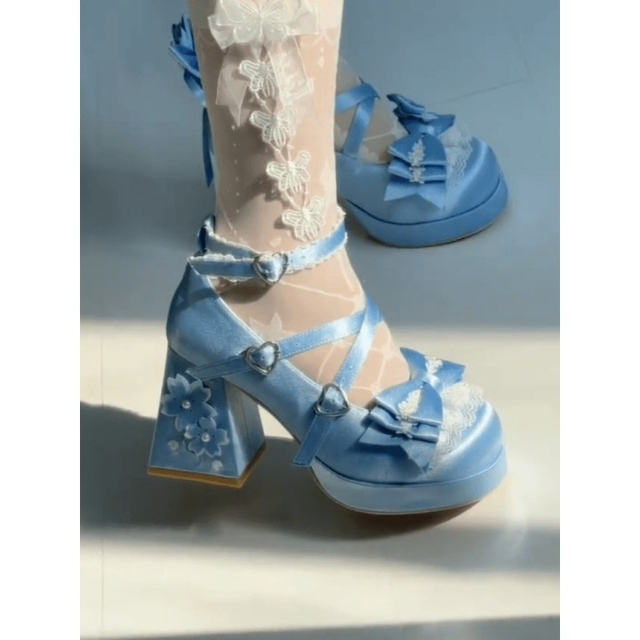 Mary Janes lolita « Sakura » à talon bloc – Bleu