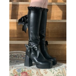 Bottes hautes lolita élégantes à nœud et bord festonné – Noir