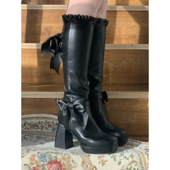 Bottes hautes lolita élégantes à nœud et bord festonné – Noir
