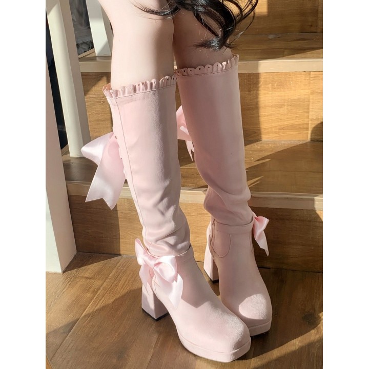 Bottes hautes lolita élégantes à nœud et bord festonné – Rose