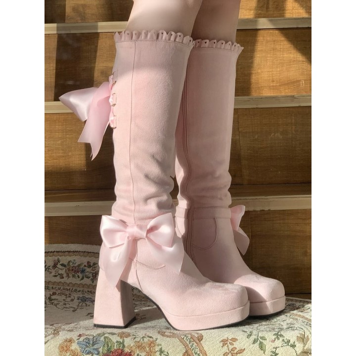 Bottes hautes lolita élégantes à nœud et bord festonné – Rose