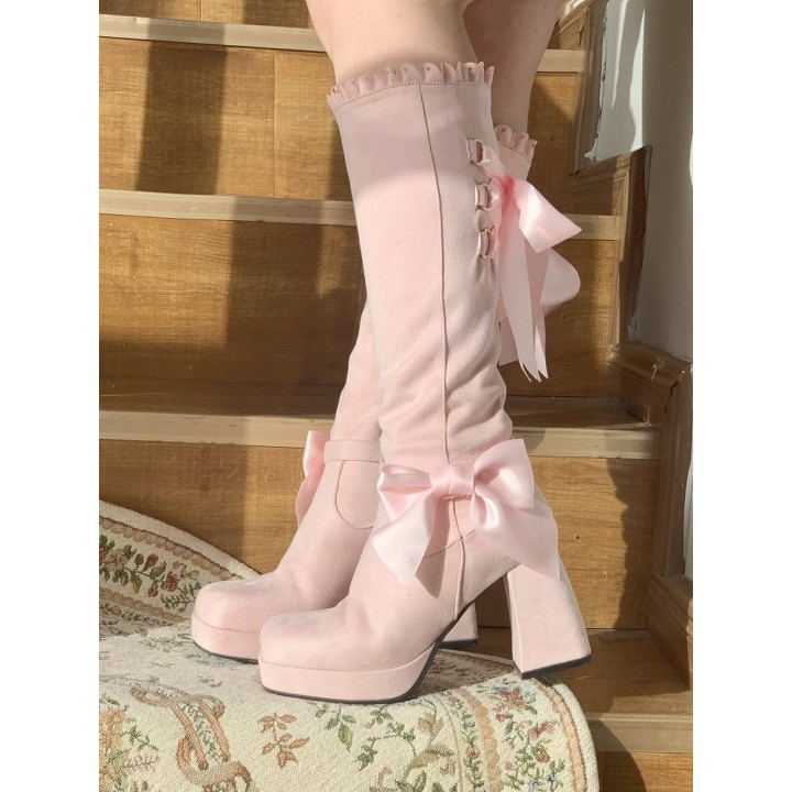 Bottes hautes lolita élégantes à nœud et bord festonné – Rose