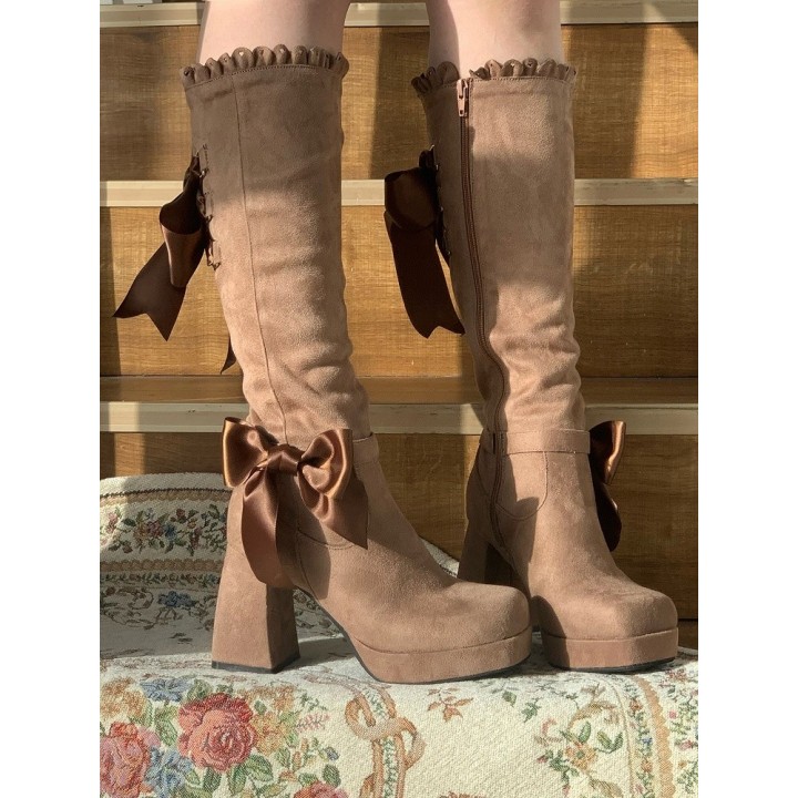 Bottes hautes lolita élégantes à nœud et bord festonné – Kaki