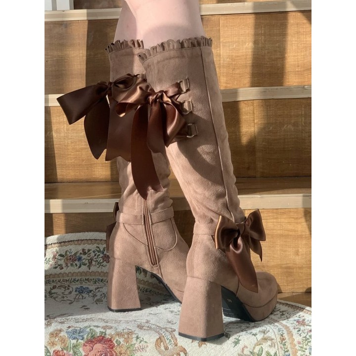 Bottes hautes lolita élégantes à nœud et bord festonné – Kaki
