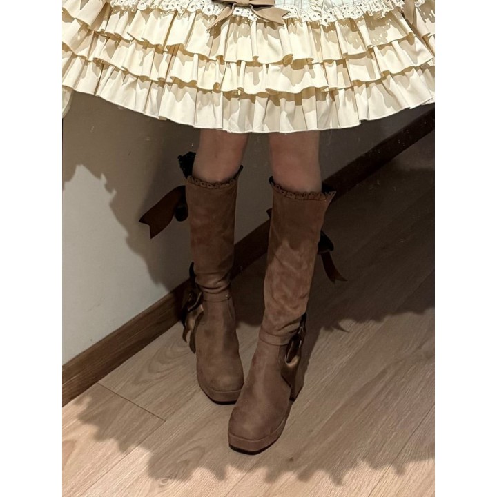 Bottes hautes lolita élégantes à nœud et bord festonné – Kaki