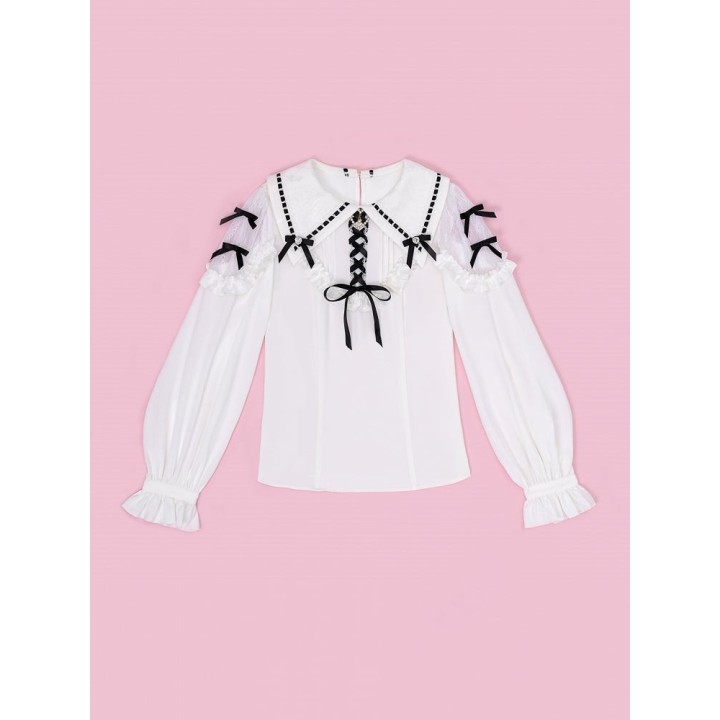 Blouse Jirai Kei blanche à empiècements dentelle et nœuds noirs