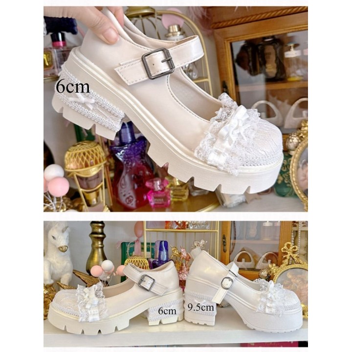 Mary Janes lolita élégantes à dentelle et nœud – Blanc cassé