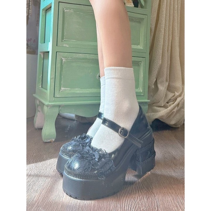 Mary Janes lolita élégantes à dentelle et nœud – Noir