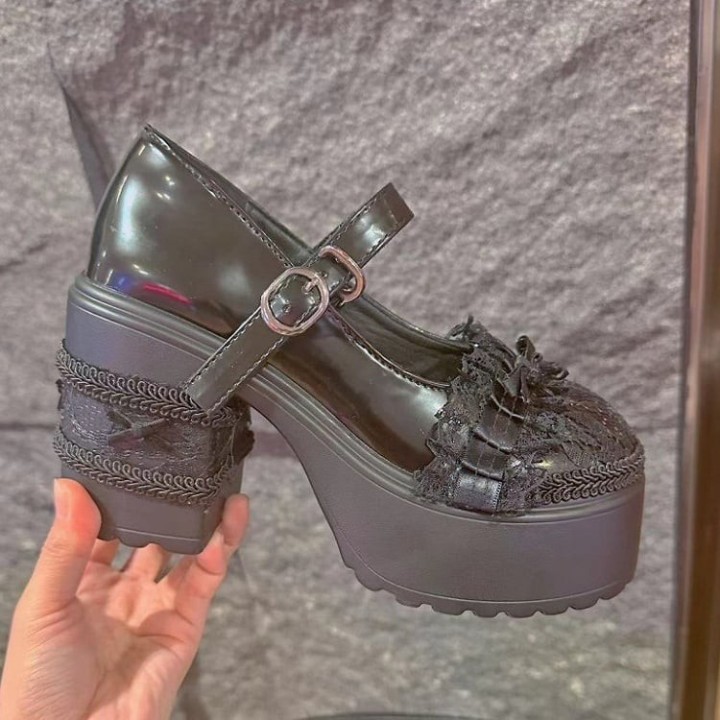 Mary Janes lolita élégantes à dentelle et nœud – Noir