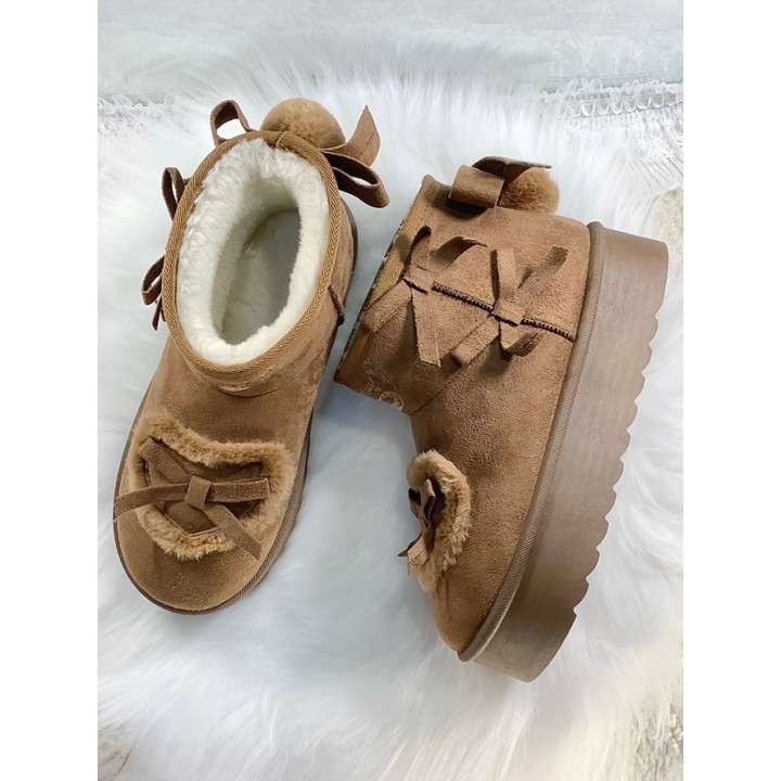 Bottines d'hiver plateformes sweet lolita à pompon et nœuds – Marron