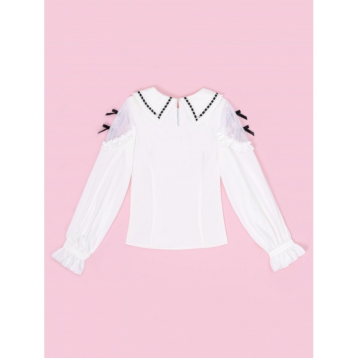 Blouse Jirai Kei blanche à empiècements dentelle et nœuds noirs
