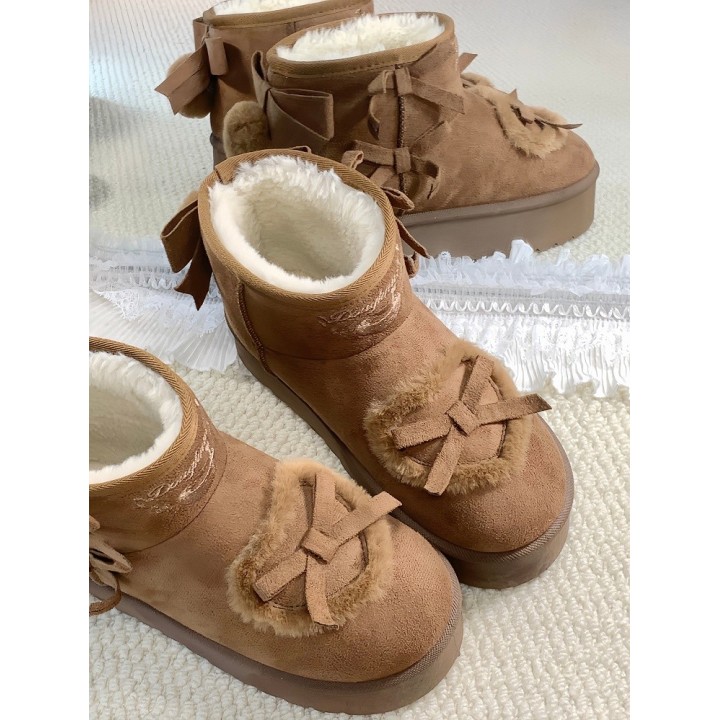 Bottines d'hiver plateformes sweet lolita à pompon et nœuds – Marron