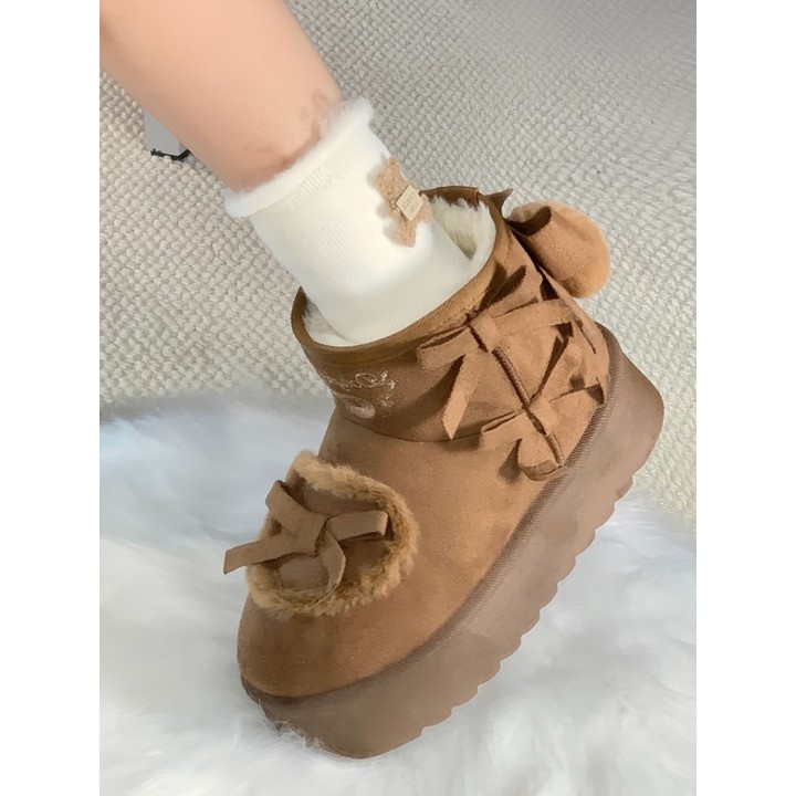 Bottines d'hiver plateformes sweet lolita à pompon et nœuds – Marron