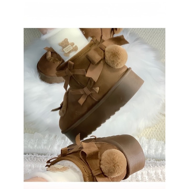 Bottines d'hiver plateformes sweet lolita à pompon et nœuds – Marron