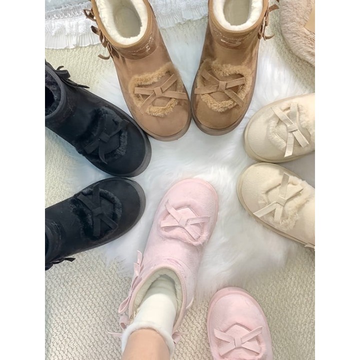 Bottines d'hiver plateformes sweet lolita à pompon et nœuds – Blanc cassé