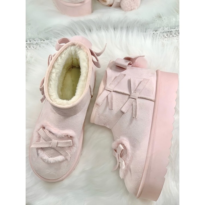 Bottines d'hiver plateformes sweet lolita à pompon et nœuds – Rose