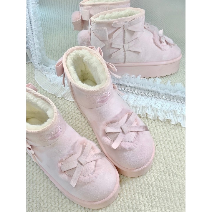 Bottines d'hiver plateformes sweet lolita à pompon et nœuds – Rose