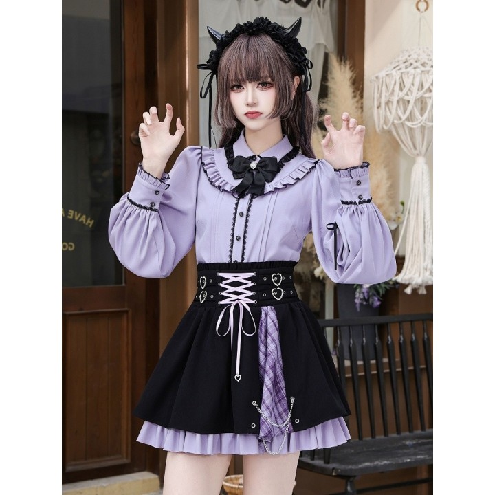 Blouse Jirai Kei violette à volants et nœud noir