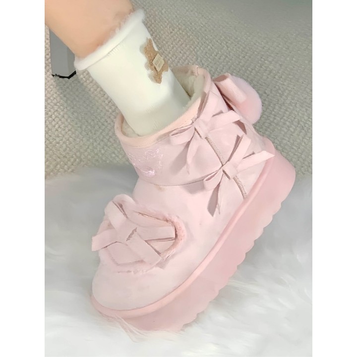 Bottines d'hiver plateformes sweet lolita à pompon et nœuds – Rose