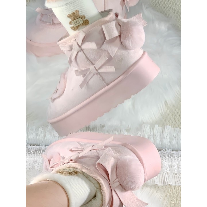 Bottines d'hiver plateformes sweet lolita à pompon et nœuds – Rose