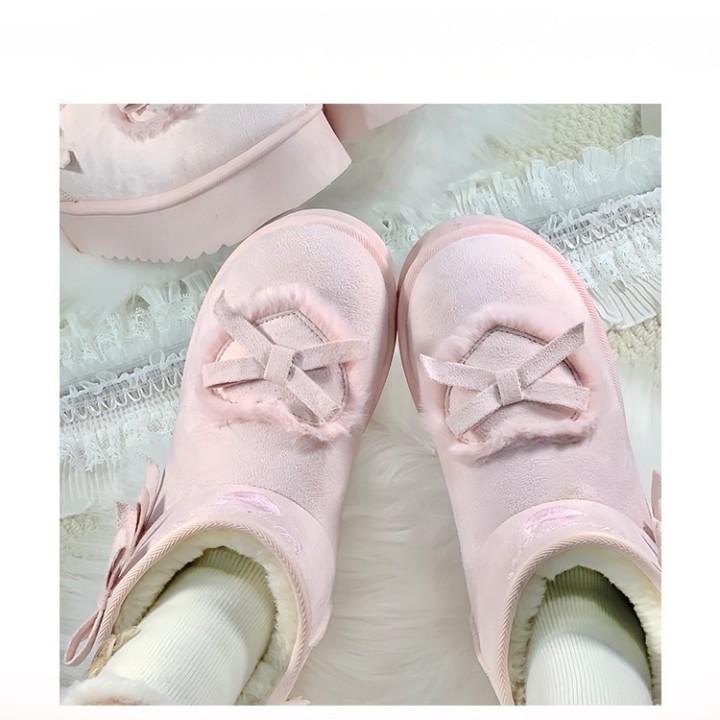 Bottines d'hiver plateformes sweet lolita à pompon et nœuds – Rose