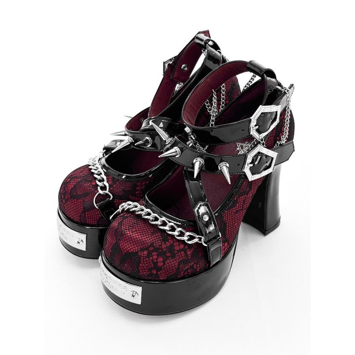 Escarpins gothic lolita « Sorcière » à clous et boucles cercueil – Noir et bordeaux