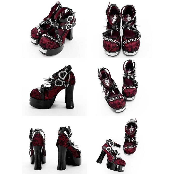 Escarpins gothic lolita « Sorcière » à clous et boucles cercueil – Noir et bordeaux