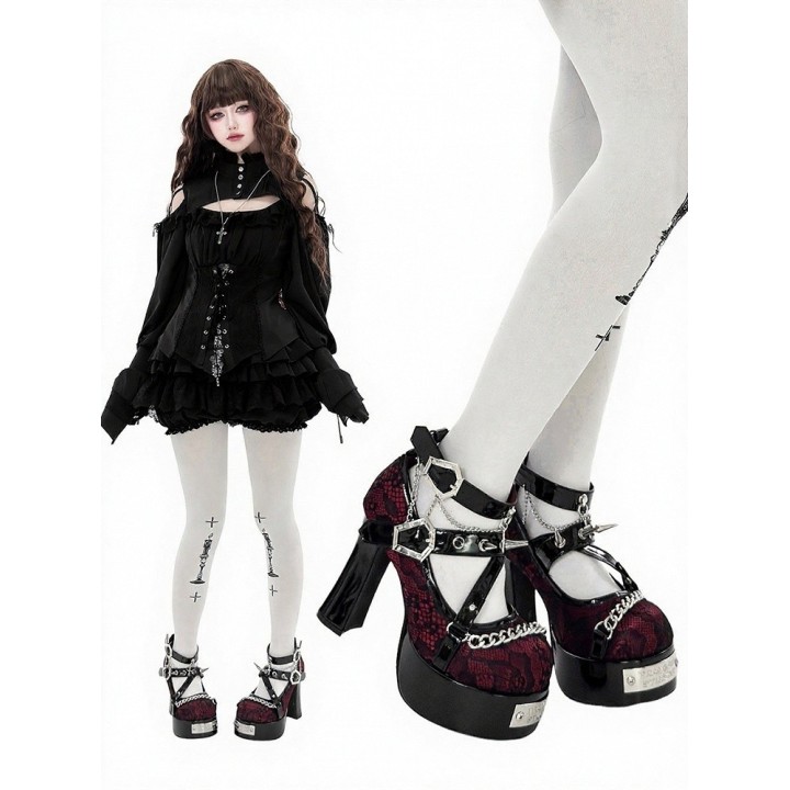 Escarpins gothic lolita « Sorcière » à clous et boucles cercueil – Noir et bordeaux