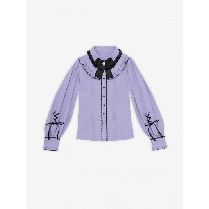 Blouse Jirai Kei violette à volants et nœud noir