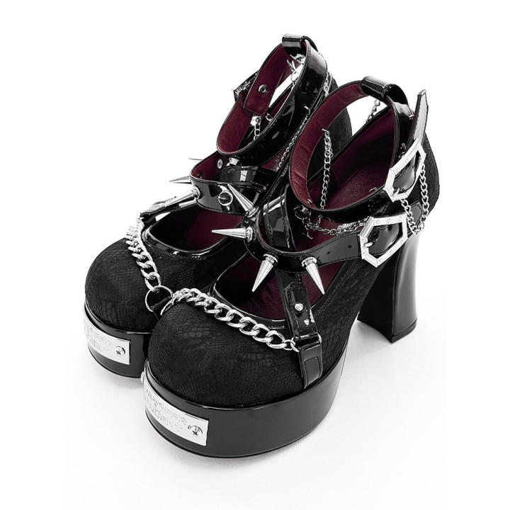 Escarpins gothic lolita « Sorcière » à clous et boucles cercueil – Noir
