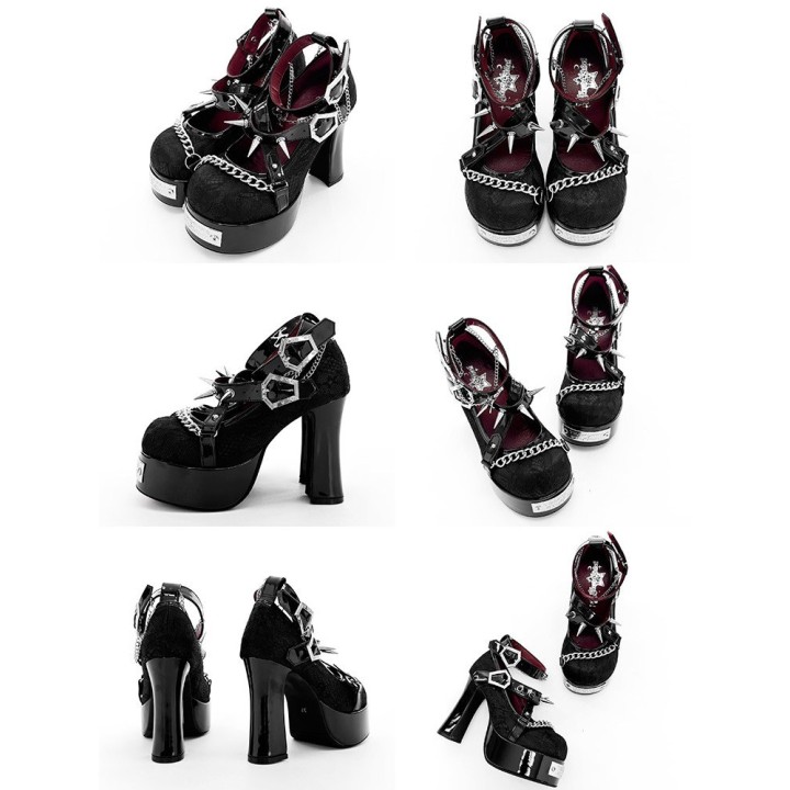 Escarpins gothic lolita « Sorcière » à clous et boucles cercueil – Noir