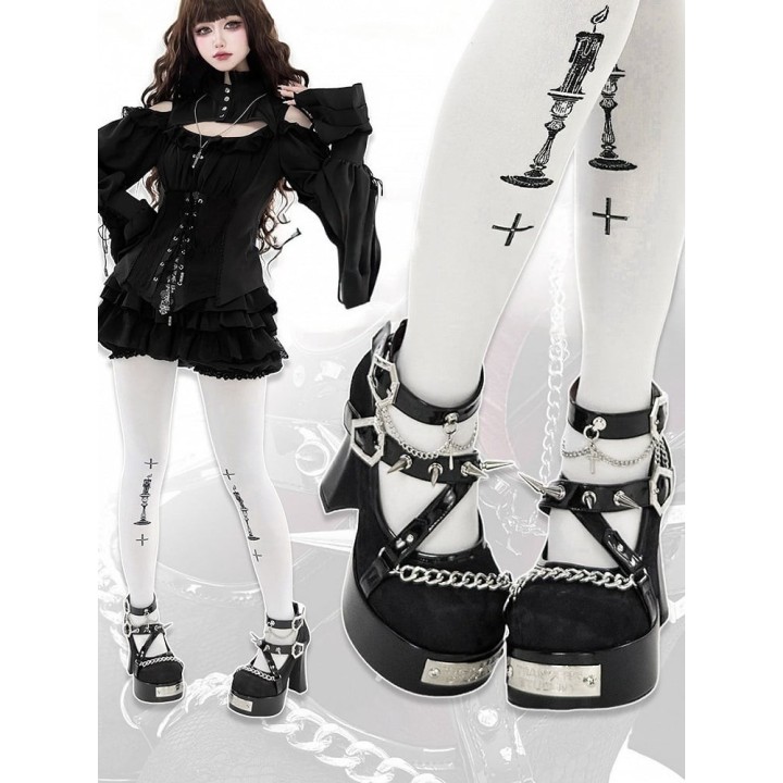 Escarpins gothic lolita « Sorcière » à clous et boucles cercueil – Noir