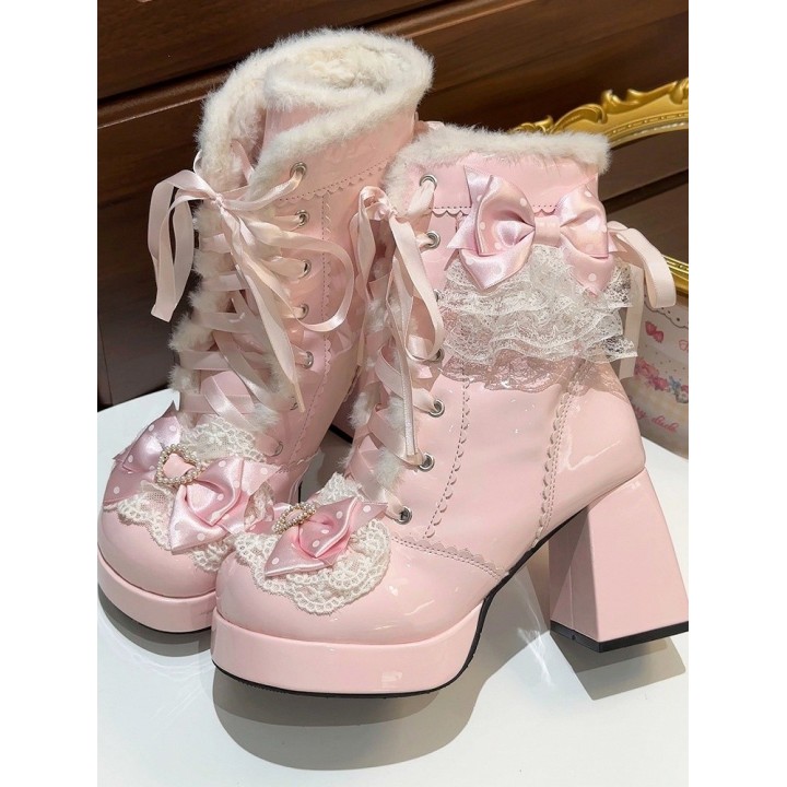 Bottines d'hiver lolita lacées cœur et dentelle – Rose