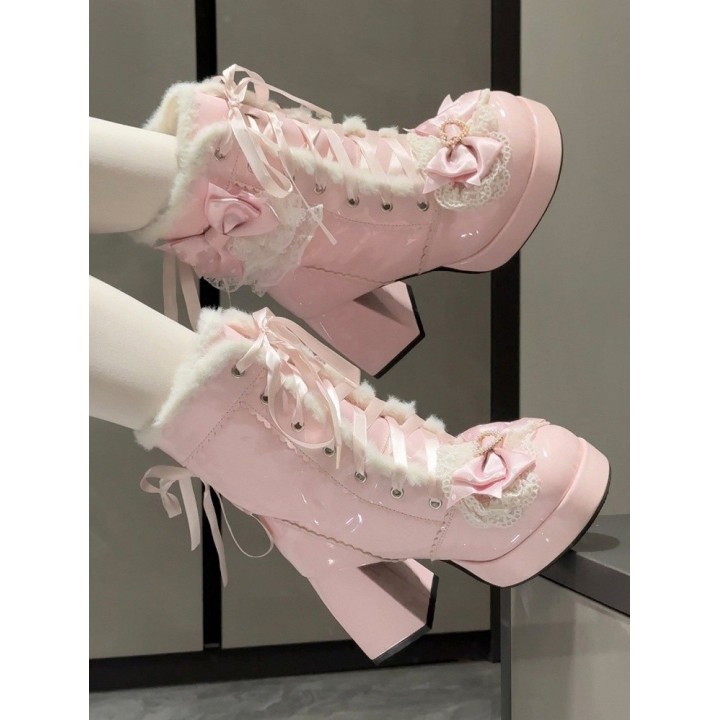 Bottines d'hiver lolita lacées cœur et dentelle – Rose