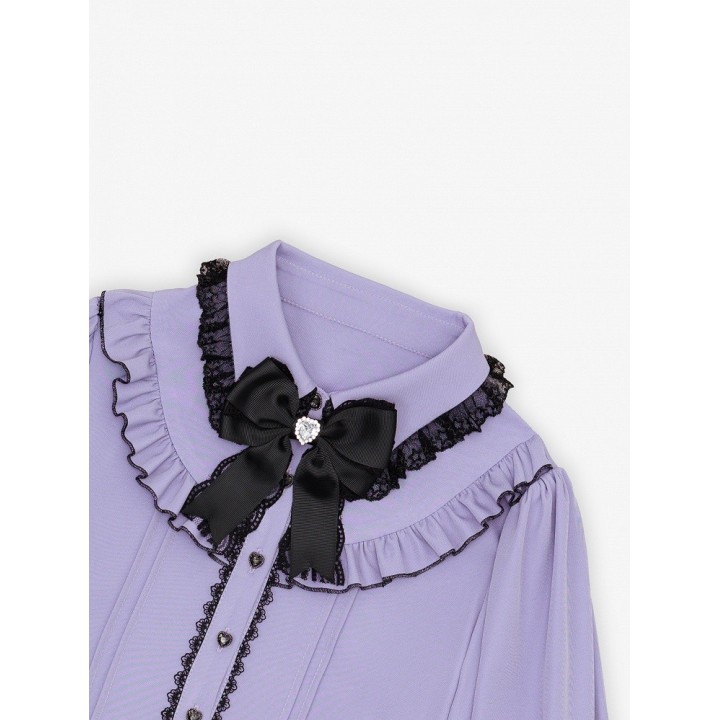 Blouse Jirai Kei violette à volants et nœud noir