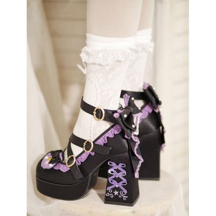 Escarpins lolita perles et coquillages à talon bloc – Noir et violet
