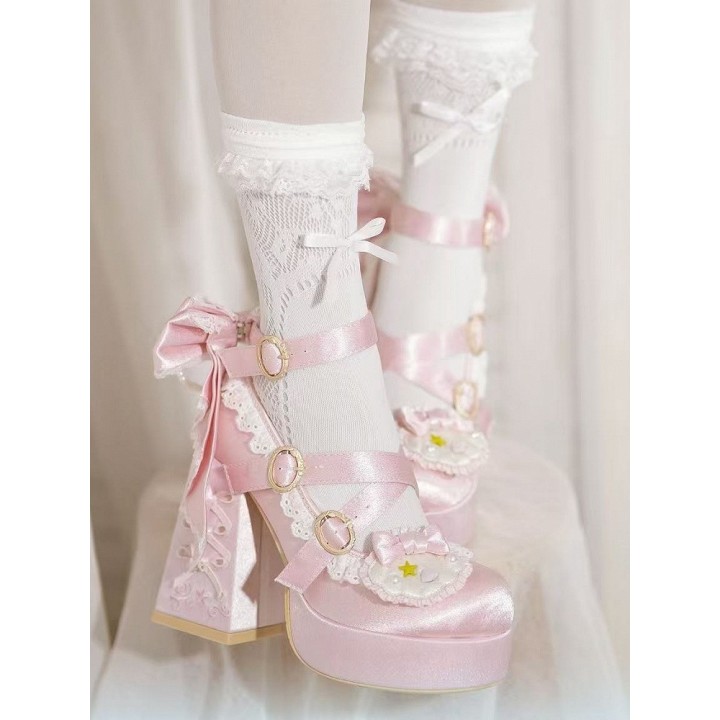 Escarpins lolita perles et coquillages à talon bloc – Rose clair