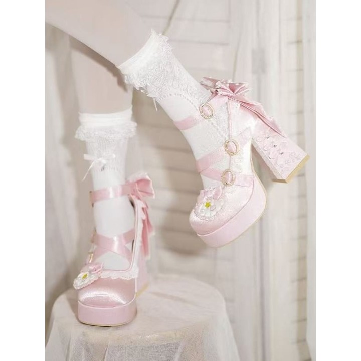 Escarpins lolita perles et coquillages à talon bloc – Rose clair