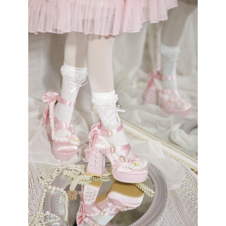 Escarpins lolita perles et coquillages à talon bloc – Rose clair