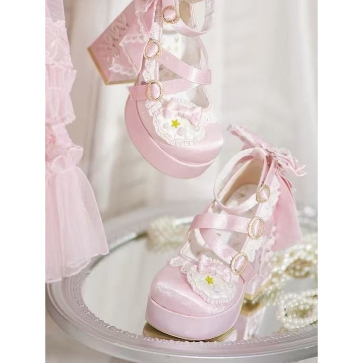 Escarpins lolita perles et coquillages à talon bloc – Rose clair