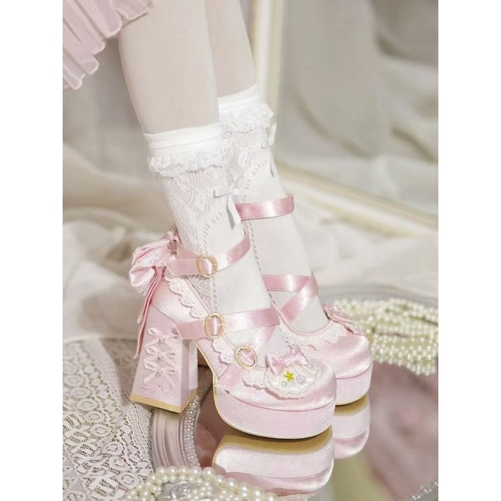 Escarpins lolita perles et coquillages à talon bloc – Rose clair