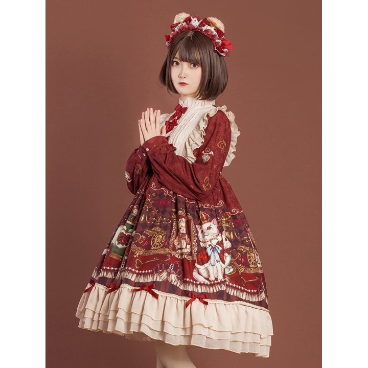 Robe one piece lolita « Crown Bear » bordeaux à manches longues