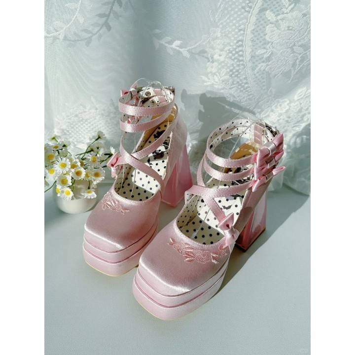 Mary Janes lolita camélia à talon transparent – Rose