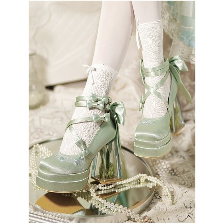 Mary Janes lolita camélia à talon transparent – Vert